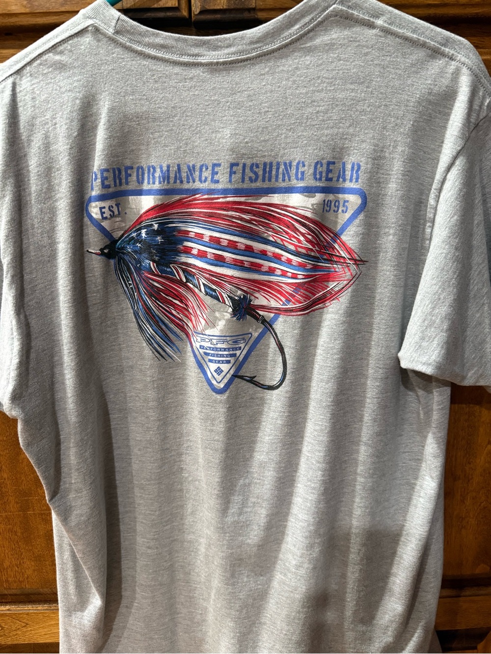 Columbia Gray Short-Sleeve Tee with Red, White & Blue Fishing Fly Graphic